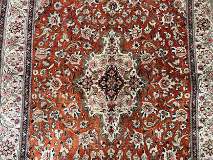 Persian Qum Silk Rug 5x7 - Floral Medallion, Birds, Orange-Red