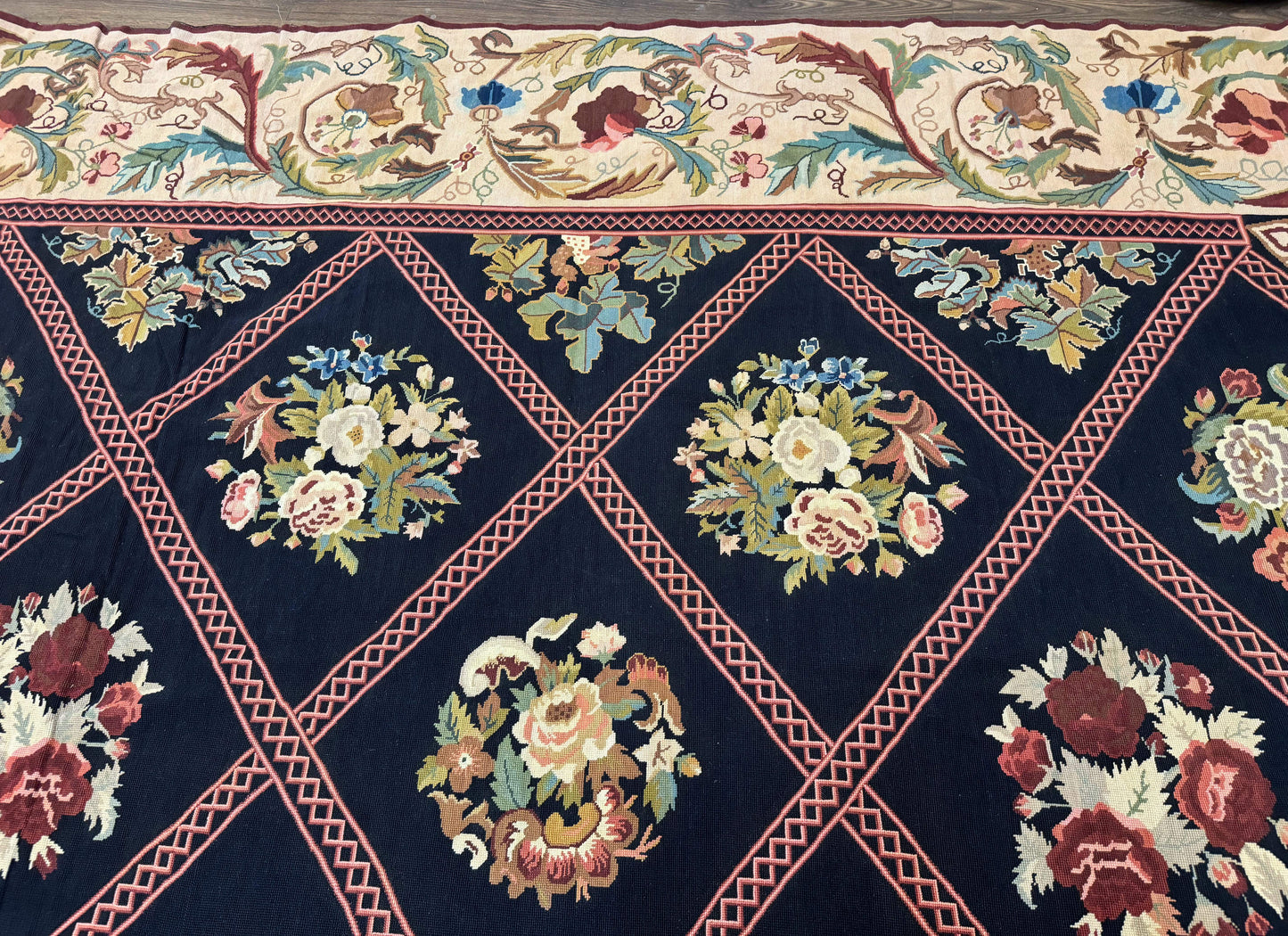 Palace Size Needlepoint Rug 12x20, European French English Aubusson Floral Design, Black and Beige