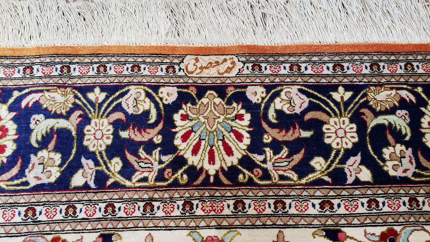 Vintage Persian Qum Silk Rug 4.6 x 6.7, Burnt Orange and Navy Blue, Antique Oriental Very Fine Signature Master Weaver 350+ KPSI Ghom Qom 5x7 Rug
