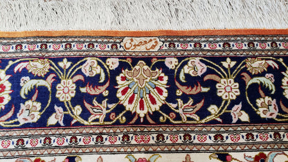 Vintage Persian Qum Silk Rug 4.6 x 6.7, Burnt Orange and Navy Blue, Antique Oriental Very Fine Signature Master Weaver 350+ KPSI Ghom Qom 5x7 Rug