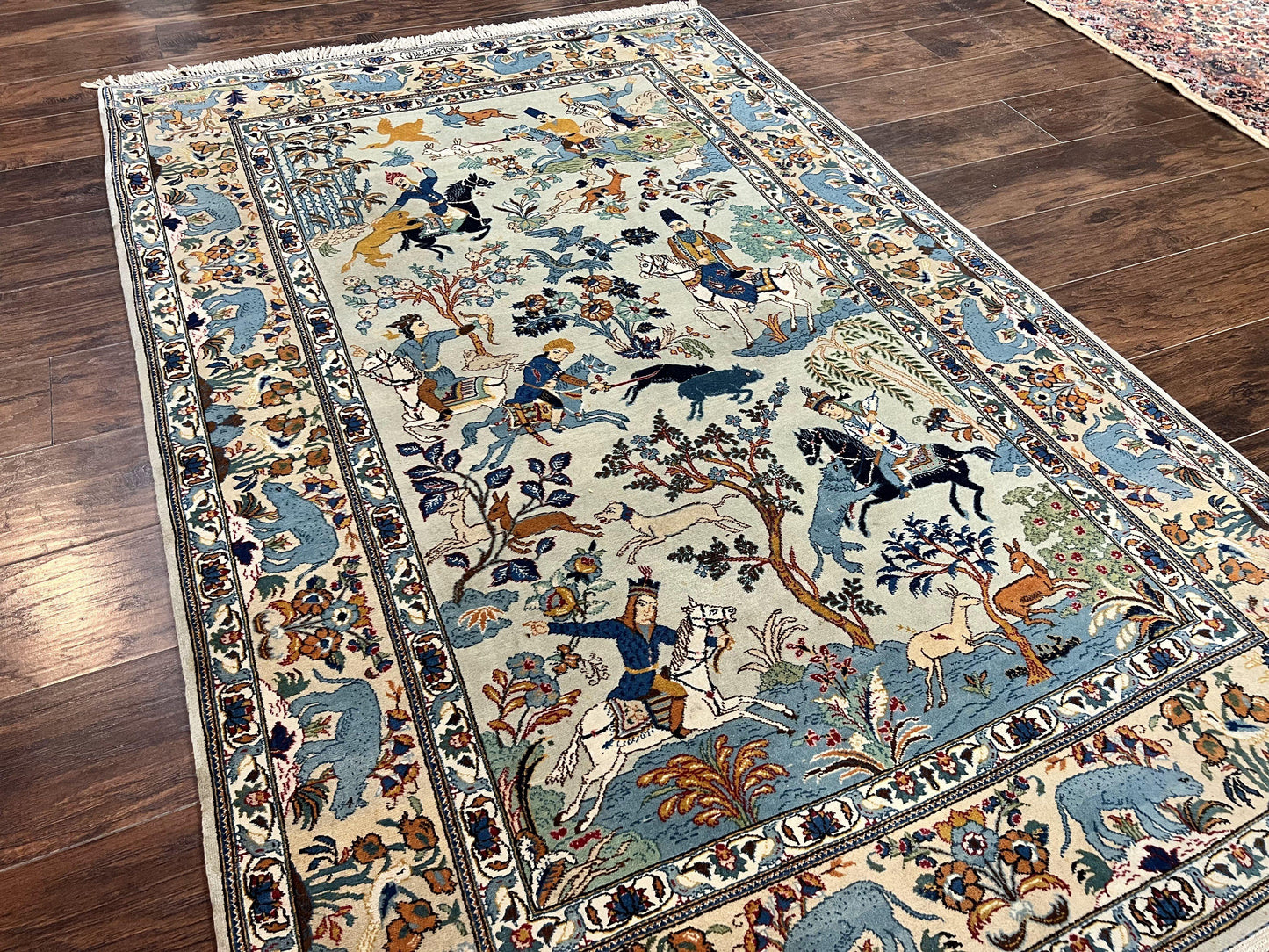 Persian Kashan Pictorial Rug 4.6 x 7, Hunting Scene, SIgned by Masterweaver, Animal Pictorials, Rare, Handmade, Wool, Vintage, Very Fine