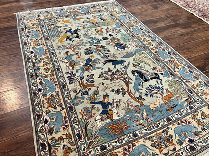 Persian Kashan Pictorial Rug 4.6 x 7, Hunting Scene, SIgned by Masterweaver, Animal Pictorials, Rare, Handmade, Wool, Vintage, Very Fine