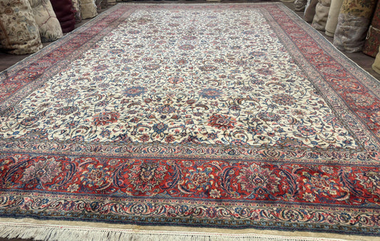Ivory Persian Sarouk Rug 13x20, Palace Size Carpet, 225 KPSI, Traditional Wool Handmade Vintage Extra Large Rug 13 x 20 ft, Allover Pattern,