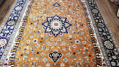 Vintage Persian Qum Silk Rug 4.6 x 6.7, Burnt Orange and Navy Blue, Antique Oriental Very Fine Signature Master Weaver 350+ KPSI Ghom Qom 5x7 Rug