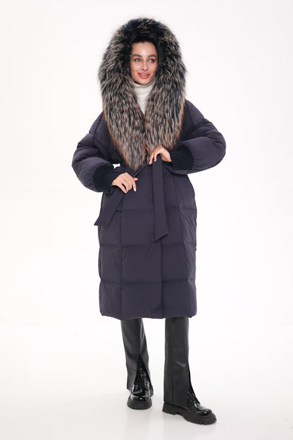 Cappotto imbottito con cappuccio e rifinitura in pelliccia autentica Rei, colore blu navy