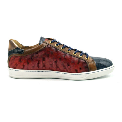 65-209-RED BREZZA Calfskin & Embossed Crocodile Sneaker, Red