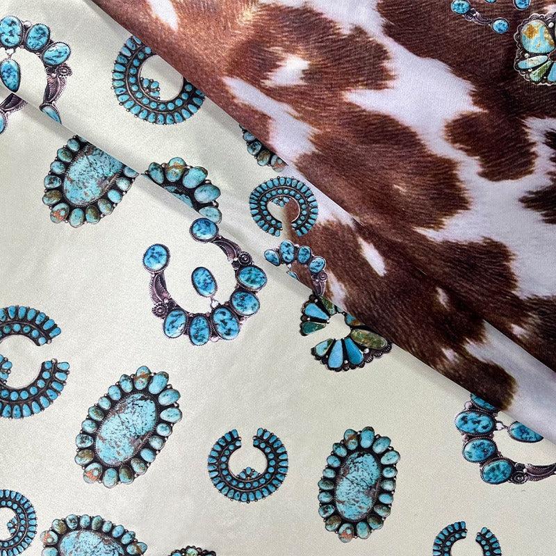 Western Style Cow Pattern Turquoise Scarf – Elegant Cowgirl Accessory