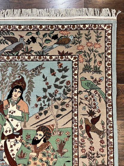 Indo Persian Pictorial Rug 4x7, Handmade Hand Knotted Wool Semi Antique Horizontal Carpet, Men & Women Drinking, Fine Rug, Bird Pictorials