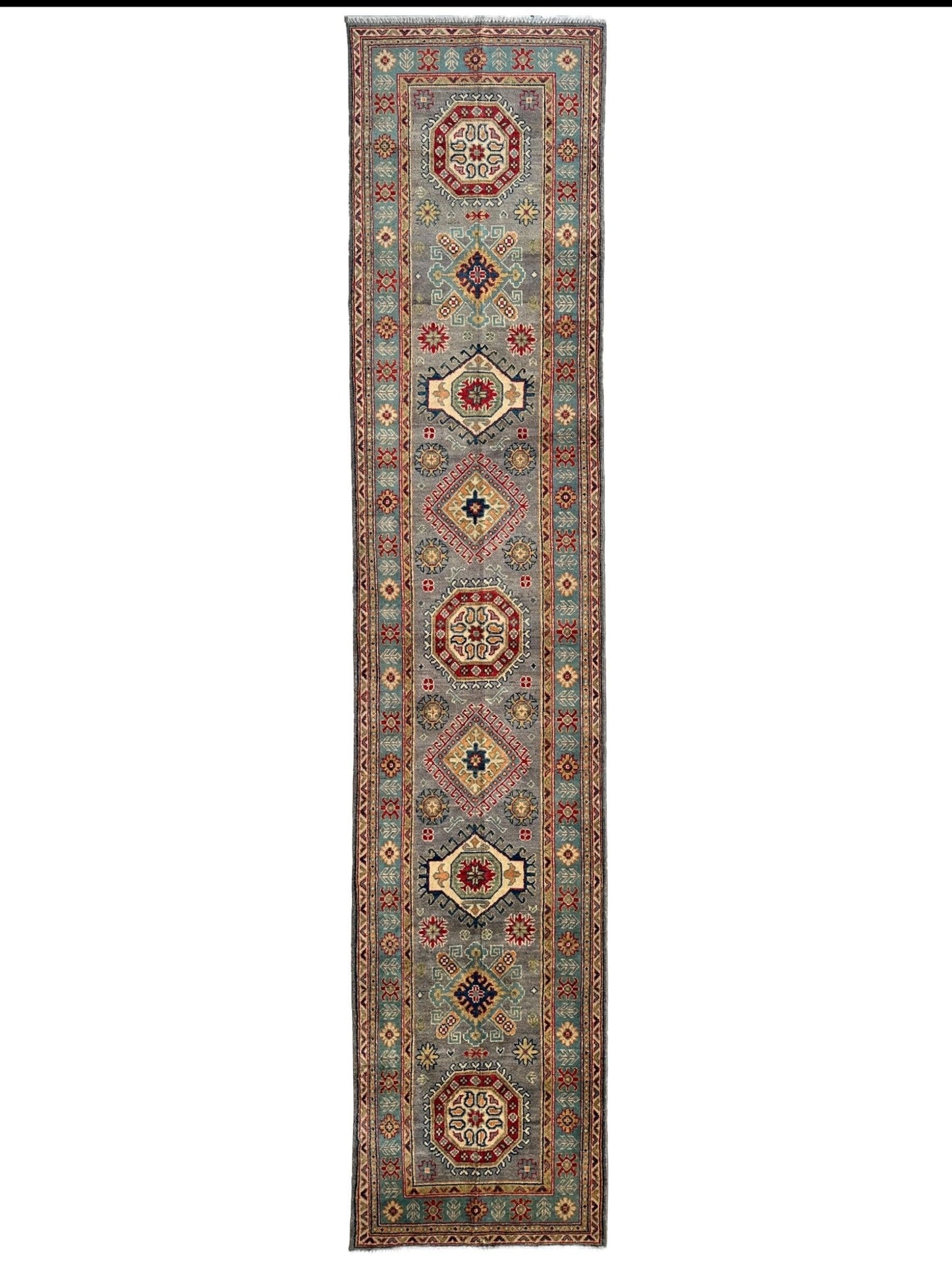 Håndknyttet afghansk Kazak ull løperteppe – 2'7" x 12'3" – Tradisjonelt geometrisk design
