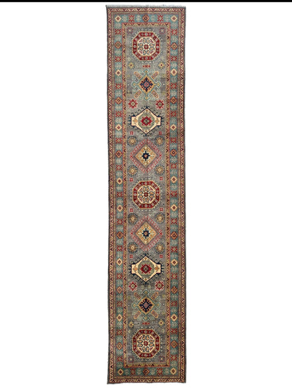Håndknyttet afghansk Kazak ull løperteppe – 2'7" x 12'3" – Tradisjonelt geometrisk design
