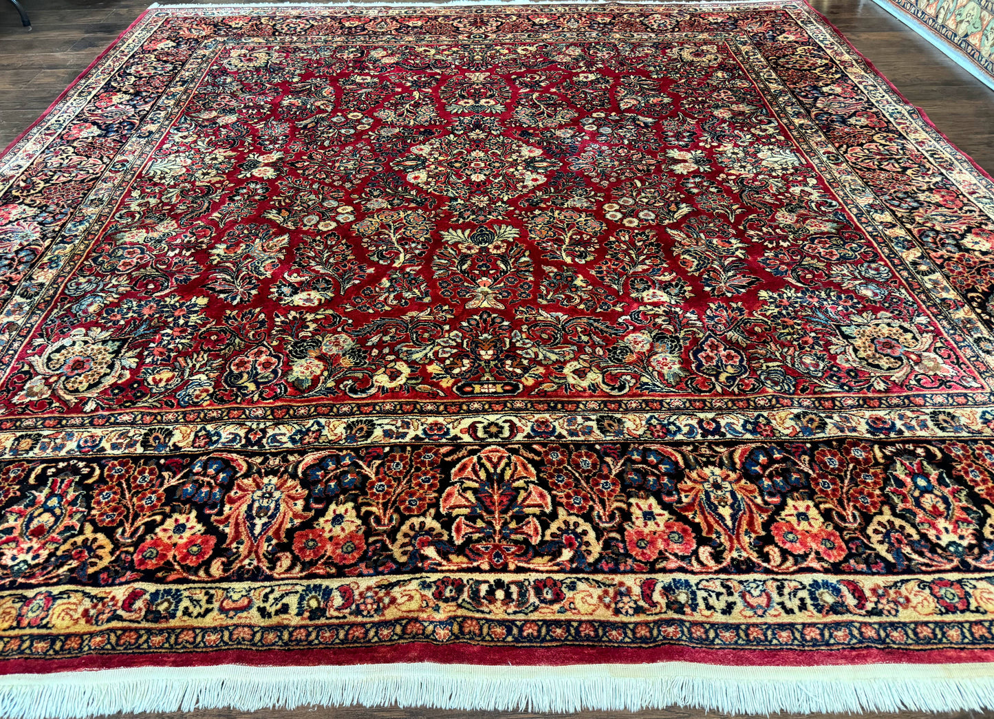 Persian Sarouk Rug 10x10, Square Persian Carpet, Red, Floral, Antique