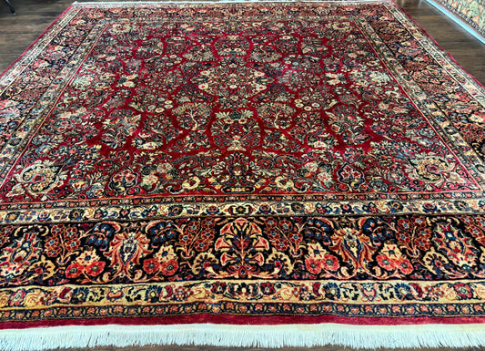 Persian Sarouk Rug 10x10, Square Persian Carpet, Red, Floral, Antique