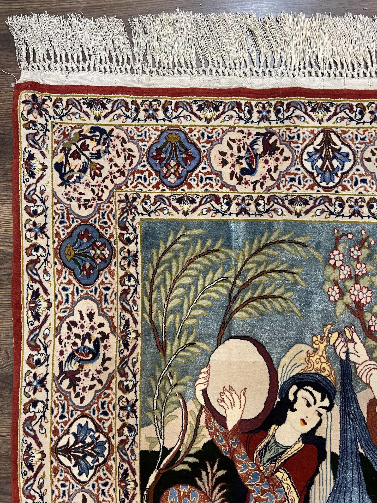 Persian Pictorial Rug 5 x 4 ft, Persian Isfahan Rug, Kork Wool on Silk Foundation, Signature from Master Weaver, Drums and Musical Instruments, Birds, Detailed