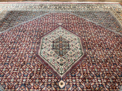 Square Indo Persian Bidjar Rug 10x10, Red, Handmade Vintage Wool Carpet