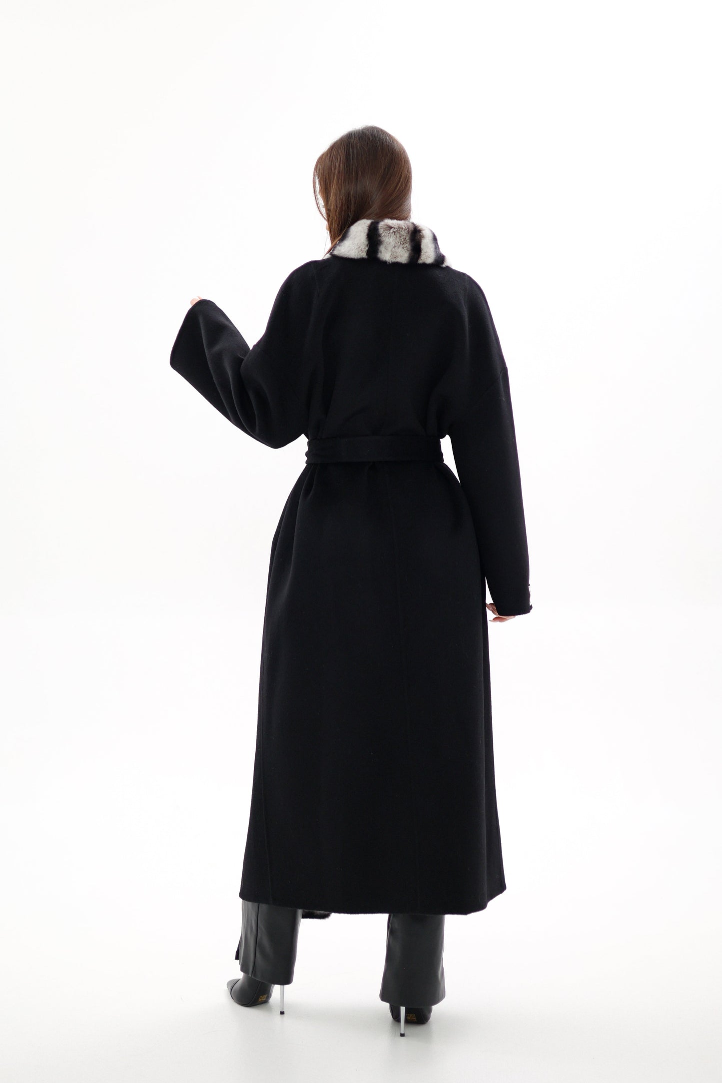 Genuine  French Orylag Fur Italian Cashmere Wool Coat 130cm