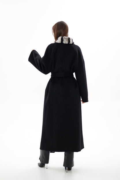 Genuine  French Orylag Fur Italian Cashmere Wool Coat 130cm