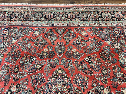 Square Persian Sarouk Rug 11x11 ft, Rare Size, Hand Knotted Wool Floral Allover Red Persian Carpet, Handmade Antique Rug