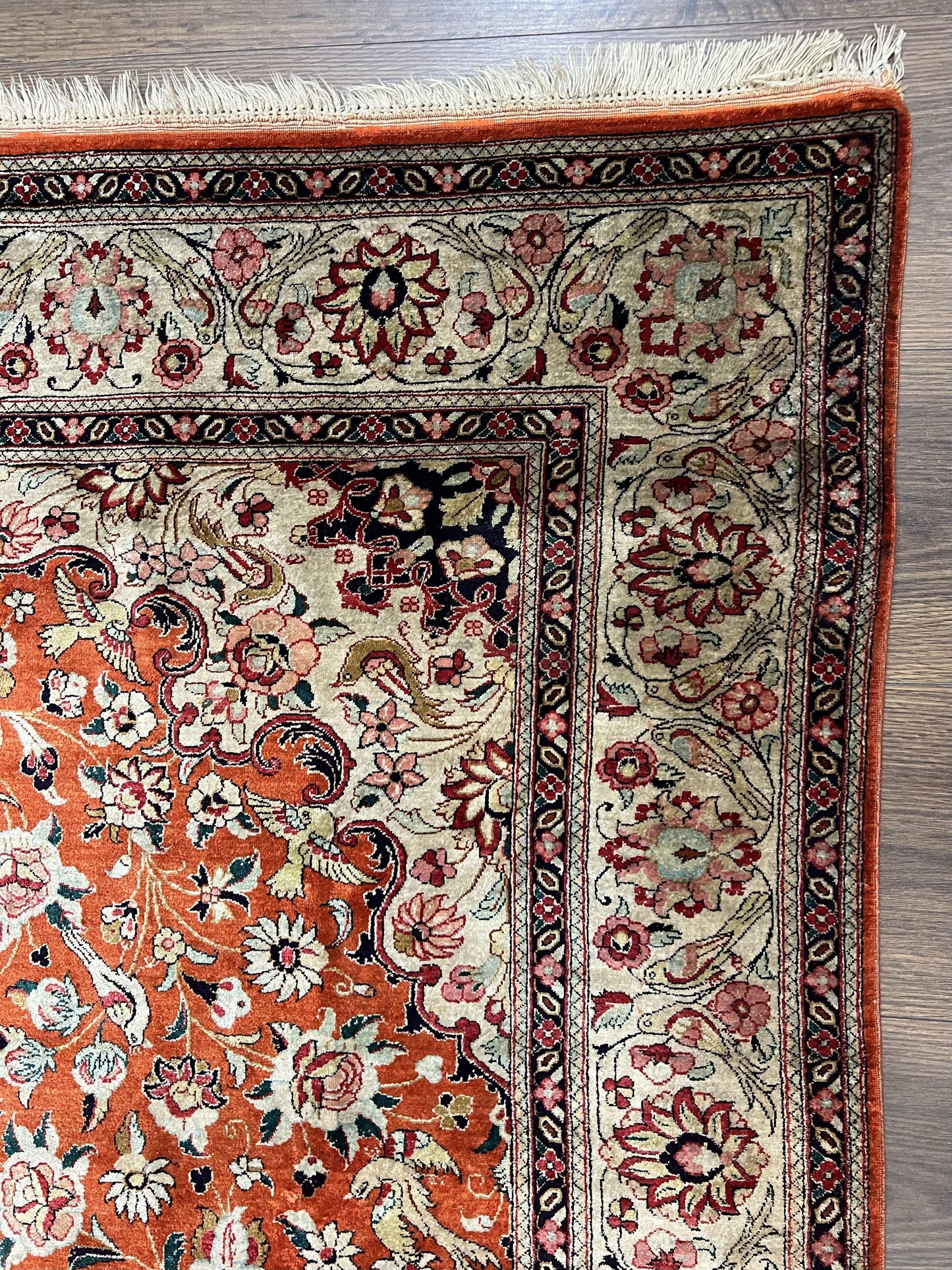 Persian Qum Silk Rug 5x7 - Floral Medallion, Birds, Orange-Red