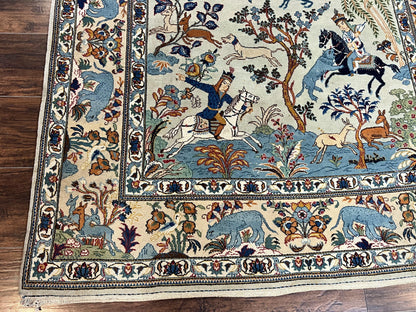 Persian Kashan Pictorial Rug 4.6 x 7, Hunting Scene, SIgned by Masterweaver, Animal Pictorials, Rare, Handmade, Wool, Vintage, Very Fine