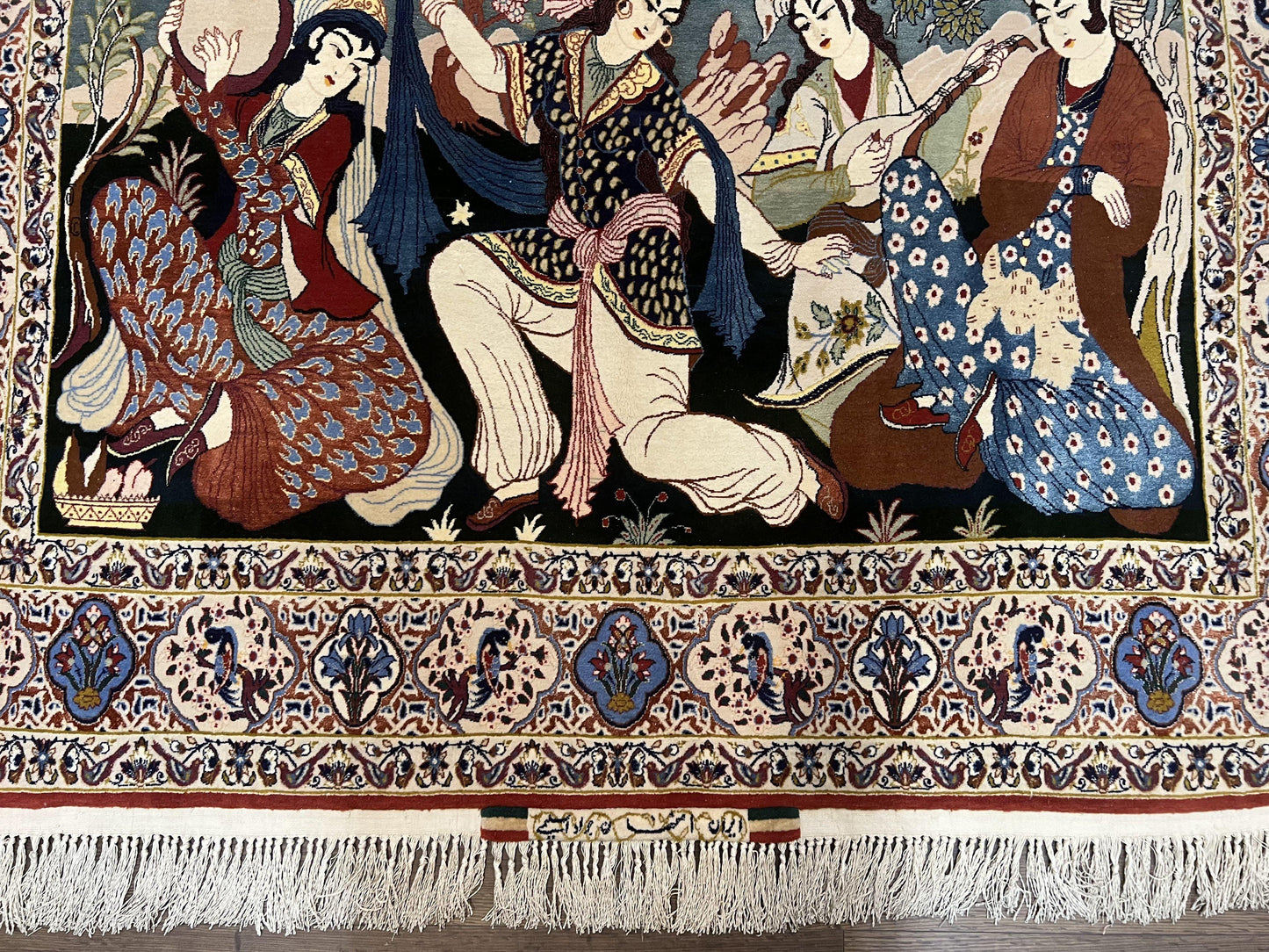Persian Pictorial Rug 5 x 4 ft, Persian Isfahan Rug, Kork Wool on Silk Foundation, Signature from Master Weaver, Drums and Musical Instruments, Birds, Detailed