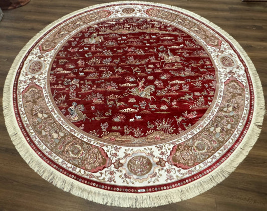 Large Round Turkish Silk Rug 8x8, Hunting Design, Dark Red & Ivory, Bamboo Silk