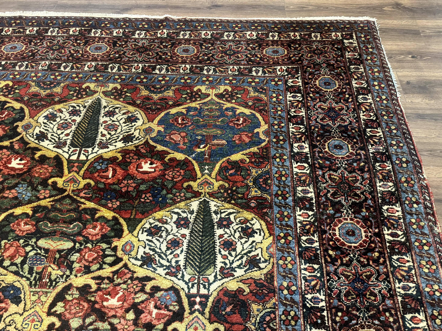 Antique Persian Bakhtiari Rug 12x19, Palace Size Wool Handmade Persian Carpet, Oversized Rug, Panel Design, Peacocks, Multicolor, Rare
