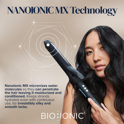 Bio Ionic Long Barrel Styler, rizador con tecnología de calor húmedo y NanoIonic MX, varita rizadora versátil con ajustes de calor ajustables, rizador de cabello con barril extendido