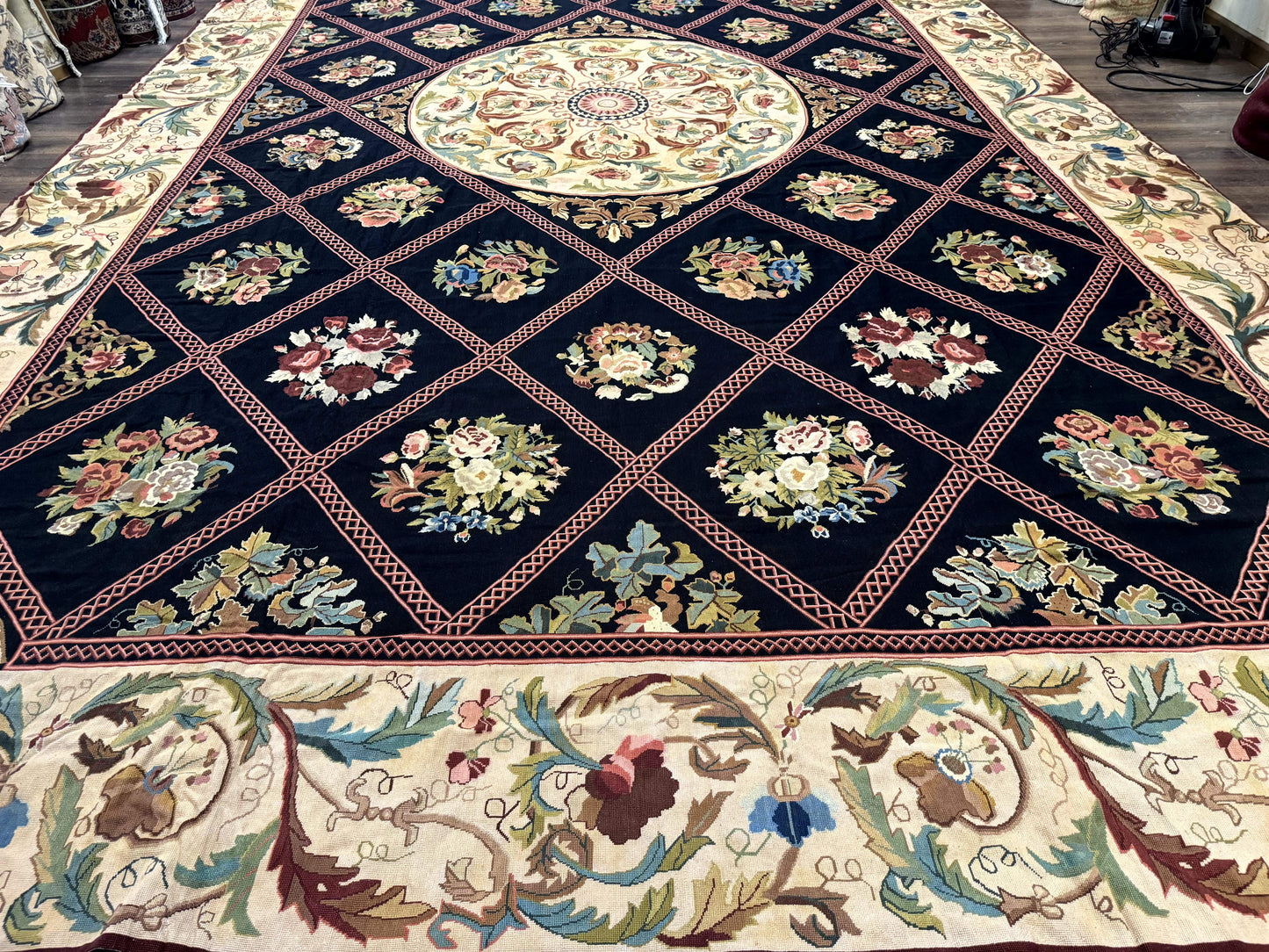 Palace Size Needlepoint Rug 12x20, European French English Aubusson Floral Design, Black and Beige
