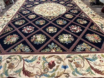 Palace Size Needlepoint Rug 12x20, European French English Aubusson Floral Design, Black and Beige