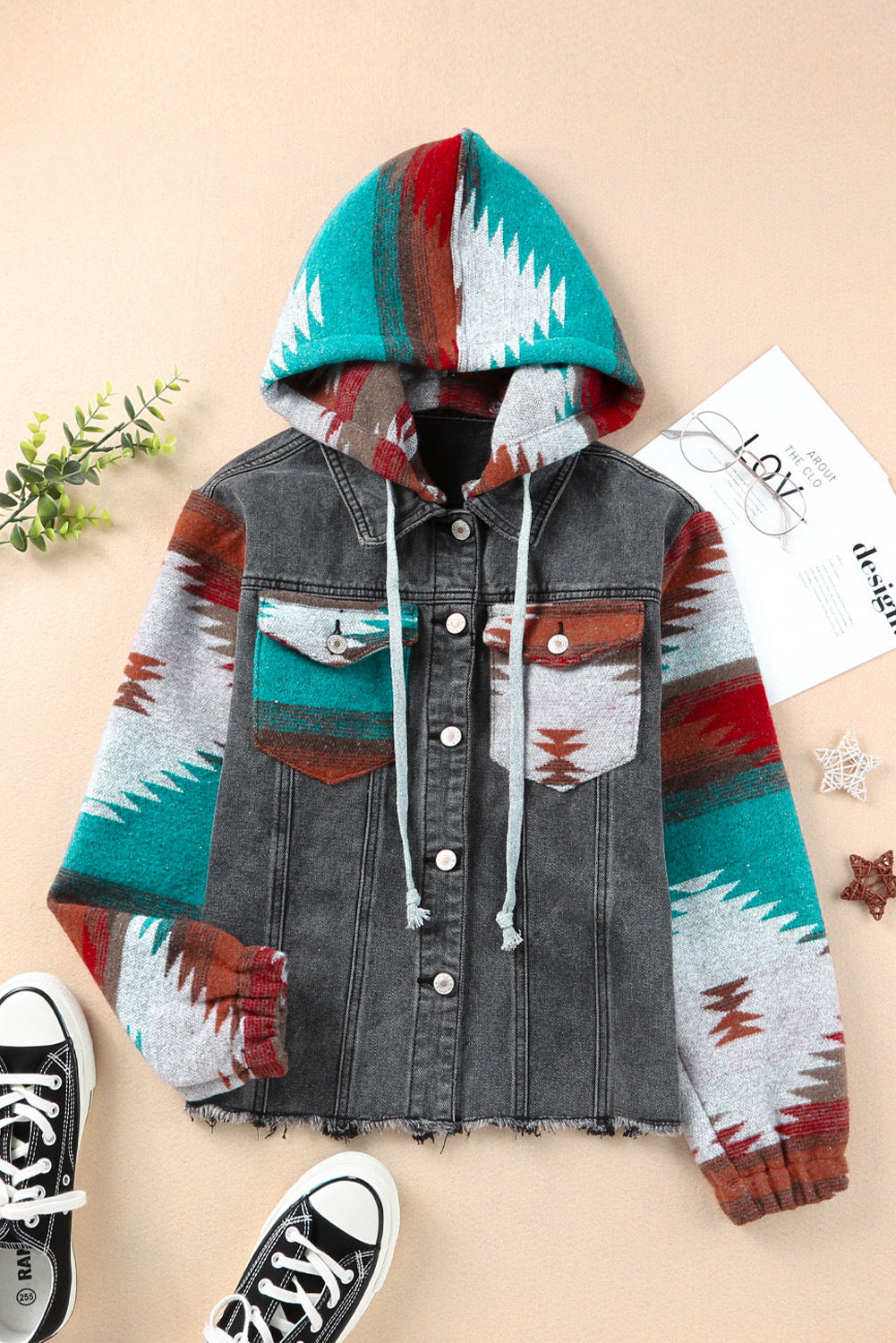 Sierra Vista Multi-Color Frayed Hem Denim Hoodie