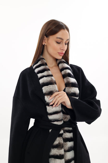 Genuine  French Orylag Fur Italian Cashmere Wool Coat 130cm