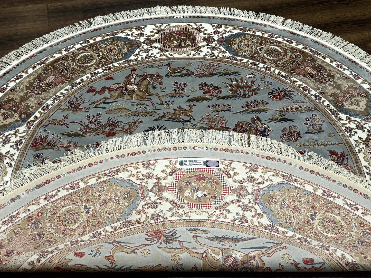 Round Silk Rug 6x6, Hunting Design, Bamboo Silk, Animal Pictorials