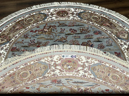 Round Silk Rug 6x6, Hunting Design, Bamboo Silk, Animal Pictorials