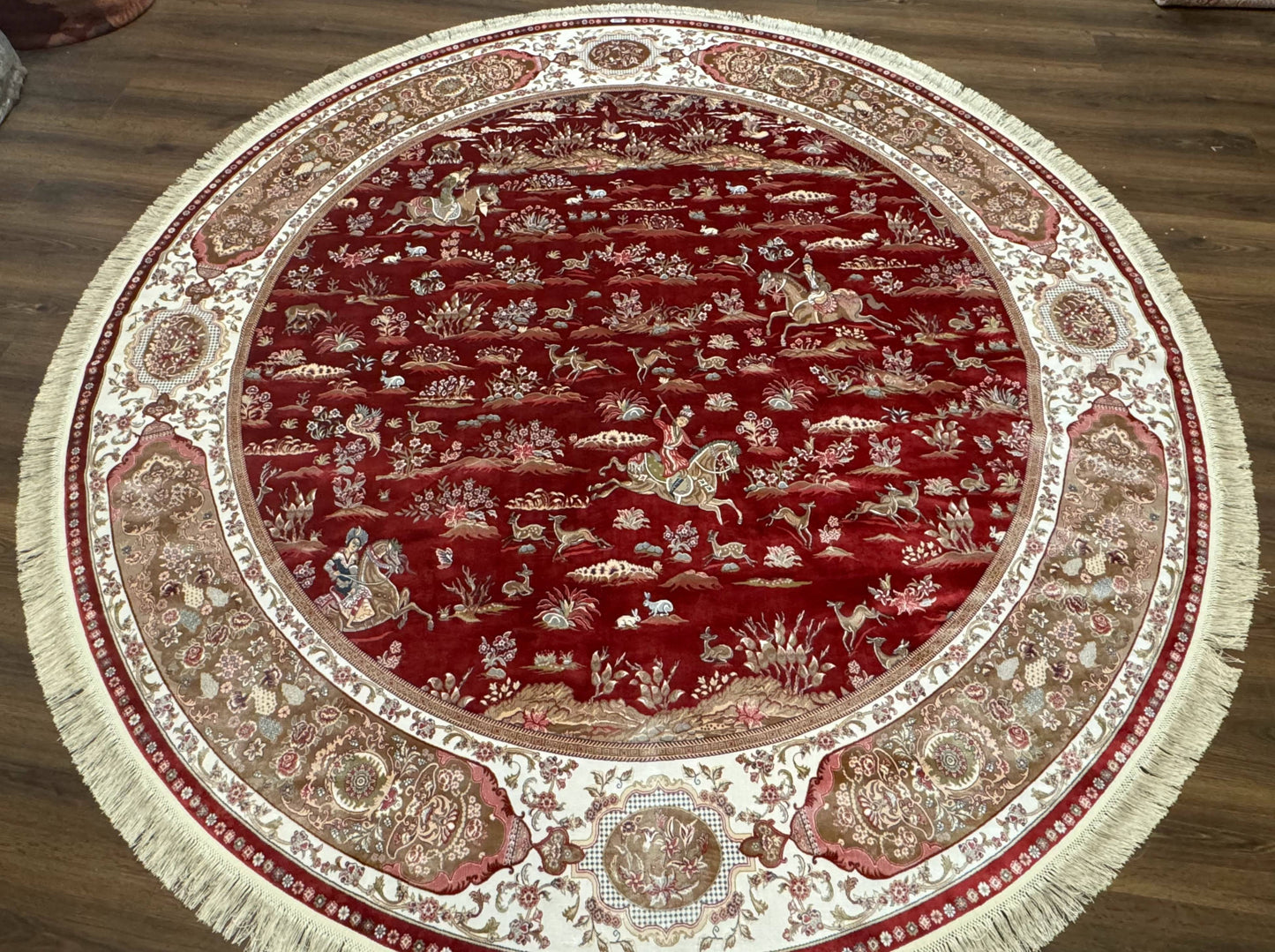 Large Round Turkish Silk Rug 8x8, Hunting Design, Dark Red & Ivory, Bamboo Silk