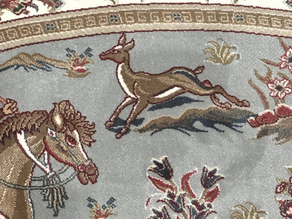 Round Silk Rug 6x6, Hunting Design, Bamboo Silk, Animal Pictorials