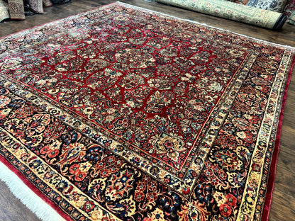 Persian Sarouk Rug 10x10, Square Persian Carpet, Red, Floral, Antique