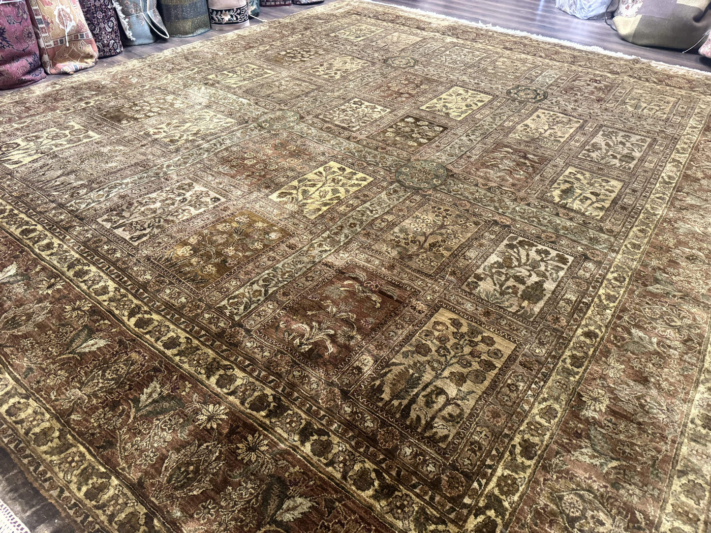 Large Indian Wool Rug 12x14, Wool Handmade Panel Design Carpet, Traditional, Palace Size