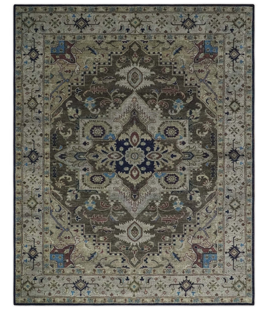8x10 Antique look Brown, Beige and Blue Traditional Medallion wool Area Rug