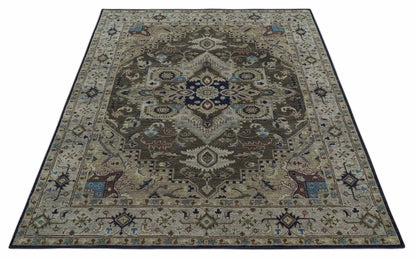 8x10 Antique look Brown, Beige and Blue Traditional Medallion wool Area Rug