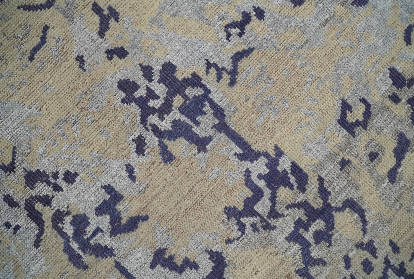 8x10 Beige, Blue and Silver Antique Style, Abstract Hand Knotted Low pile Wool Area Rug