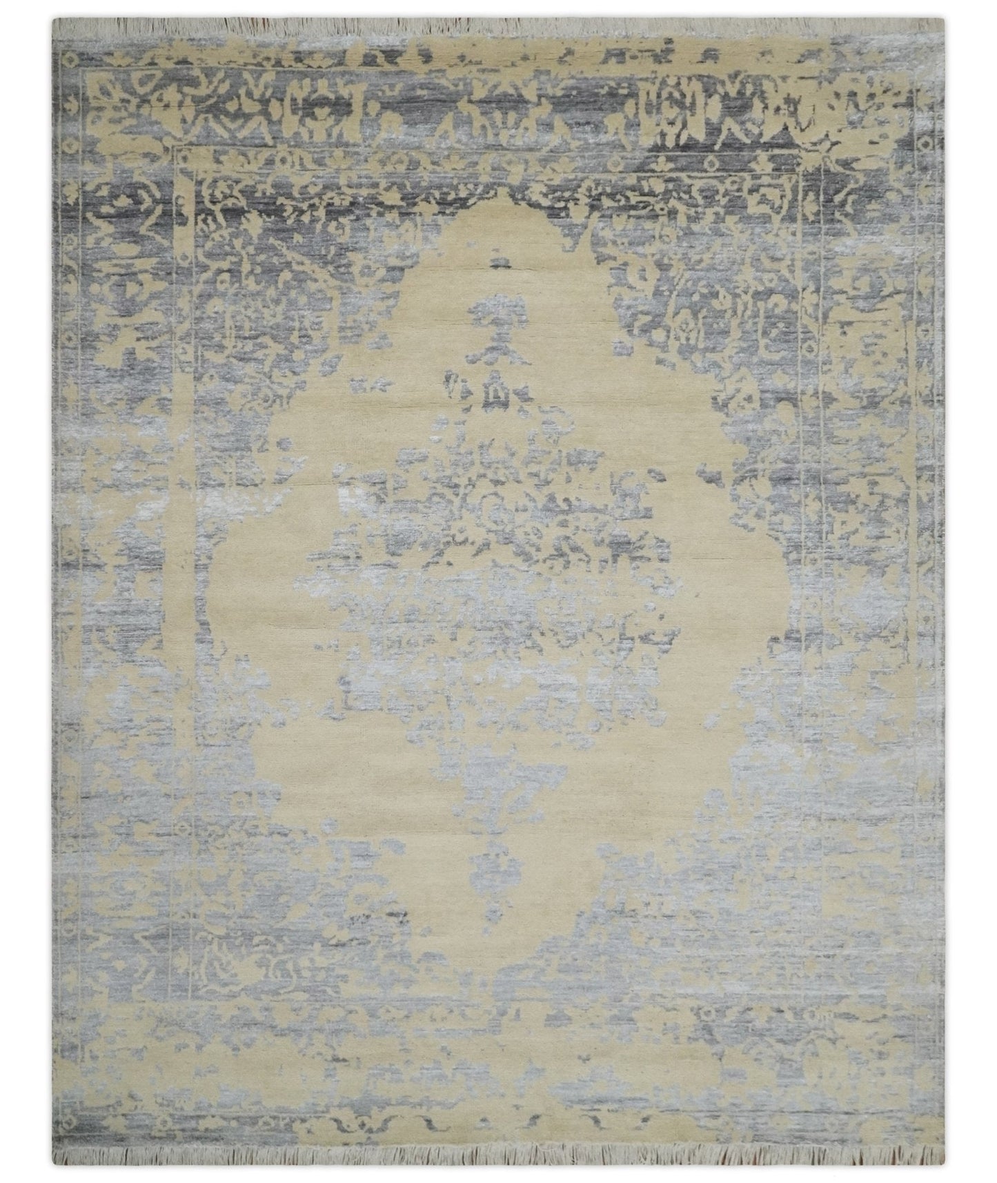 8x10 Beige, Charcoal and Silver Traditional Medallion Hand Knotted Wool and Bamboo Silk Area Rug