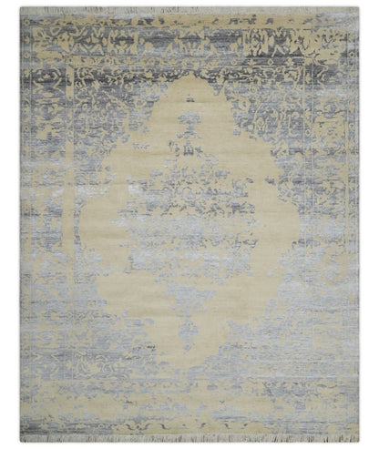 8x10 Beige, Charcoal and Silver Traditional Medallion Hand Knotted Wool and Bamboo Silk Area Rug