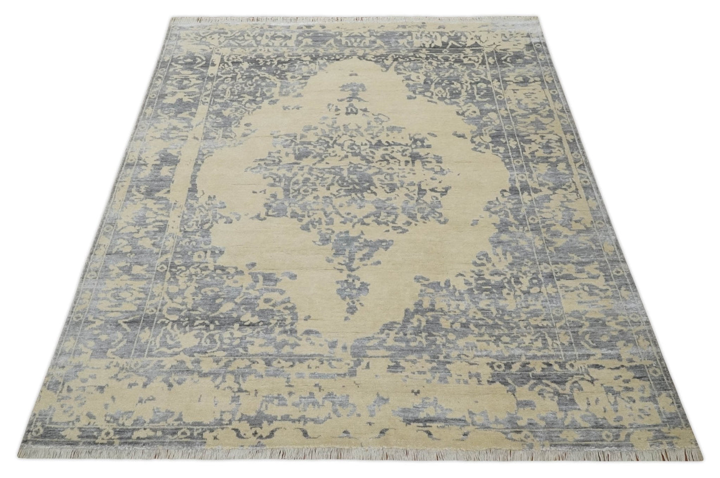 8x10 Beige, Charcoal and Silver Traditional Medallion Hand Knotted Wool and Bamboo Silk Area Rug
