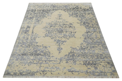 8x10 Beige, Charcoal and Silver Traditional Medallion Hand Knotted Wool and Bamboo Silk Area Rug