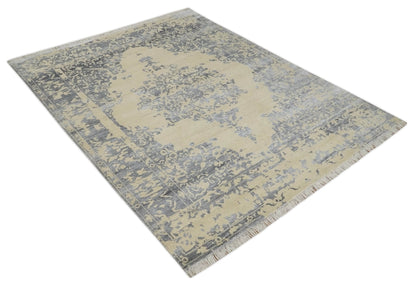 8x10 Beige, Charcoal and Silver Traditional Medallion Hand Knotted Wool and Bamboo Silk Area Rug