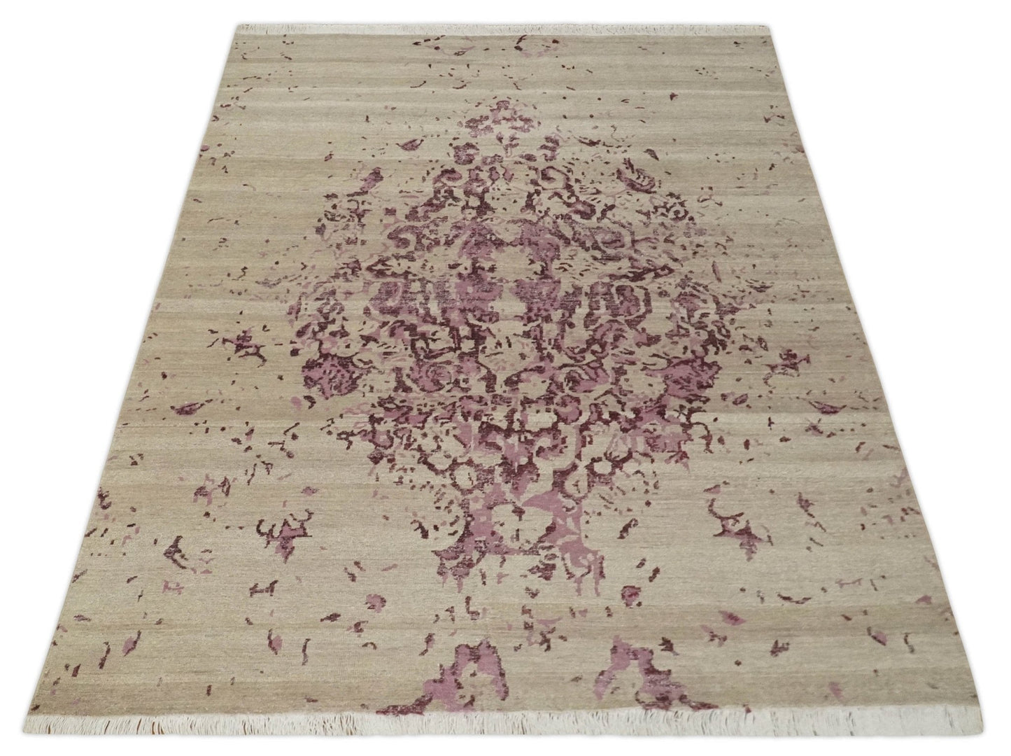 8x10 Camel and Purple Antique Style, Abstract Hand Knotted Low pile Wool Area Rug