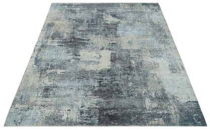 8x10 Charcoal, Beige and Gray Modern Abstract Distressed Finish High Low texture Hand Knotted Rug
