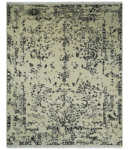 8x10 Fine Hand Knotted Beige and Black Traditional Vintage Persian Antique Wool Rug | AGR35