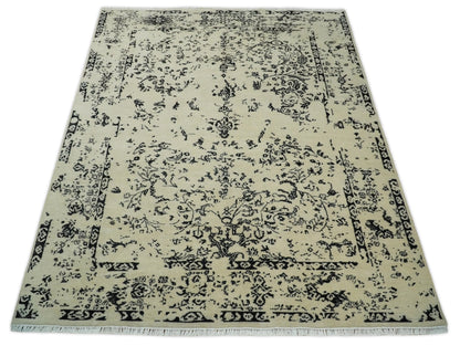 8x10 Fine Hand Knotted Beige and Black Traditional Vintage Persian Antique Wool Rug | AGR35