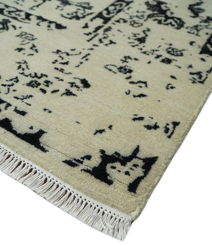 8x10 Fine Hand Knotted Beige and Black Traditional Vintage Persian Antique Wool Rug | AGR35